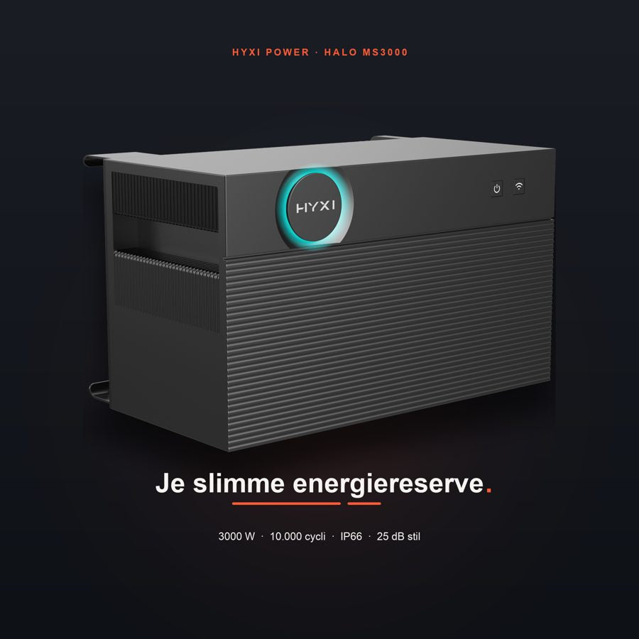 HYXI Power Halo MS3000 thuisbatterij — schuin vooraanzicht met cyaan ring